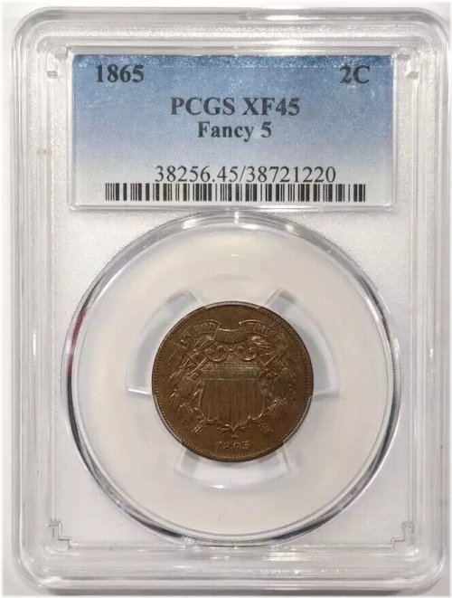 Fancy 5 1865 P Two Cent Piece PCGS XF-45 BN
