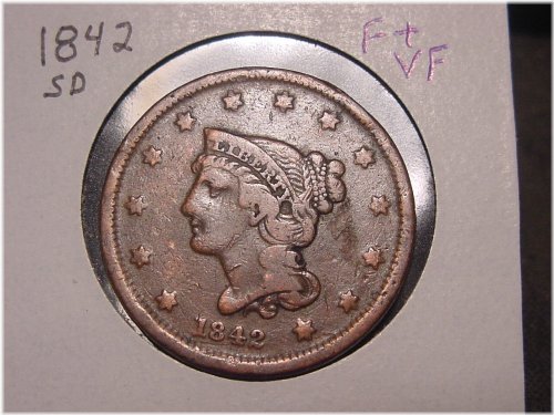 Braided Hair Large Cent - 1842 Small Date, F + VF Grade