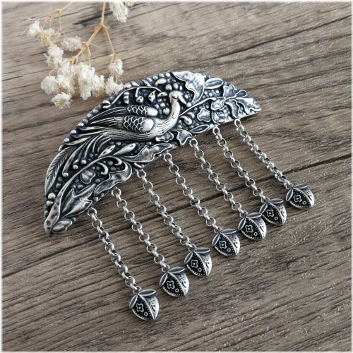 Artisan Silver Tassel Hair Barrette with Peacock Motif