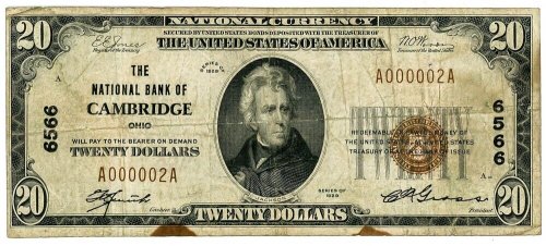 Cambridge Ohio $20 Banknote, Charter #6566 Serial #000002