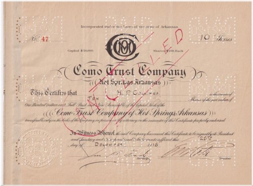 Hot Springs Trust Company Stock Certificate