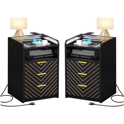 Charging Station Nightstand Set with LED Light and 3 Drawers
