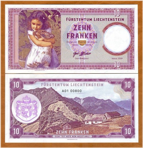 Liechtenstein Francs Specimen Note featuring Girl with Pet Rabbit