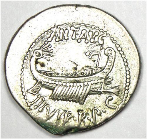 Marc Antony Silver Denarius - Roman Galley 30 BC