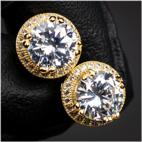 Gold Plated Stud Earrings with Princess Cut CZ Crystals