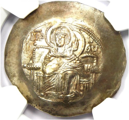 Isaac II EL Aspron Trachy (Mary Byzantine Coin) 1185-1195 AD - NGC MS (UNC)
