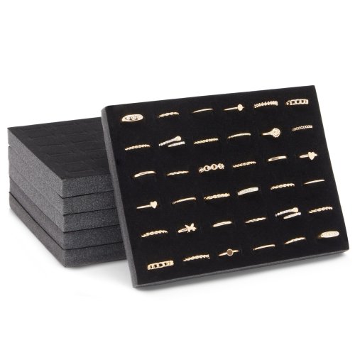 Velvet Ring Display Set: 6 Trays with 36 Slots and Foam Organizer