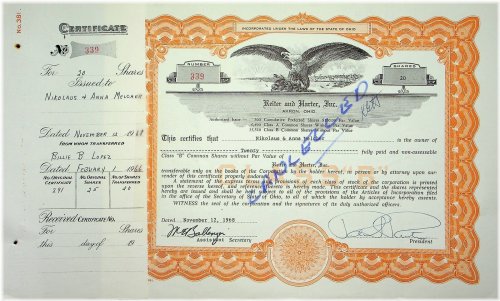 Reiter Dairy Company Vintage Stock Certificate Bond