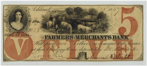 Ashland Iowa Farmers and Merchants Bank $5 Note from 1857