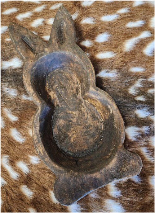 Rustic Carved Wooden Dough Bowl with Bunny Design