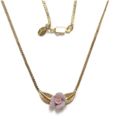 Lilac Pink Rose Pendant Necklace with Gold Chain