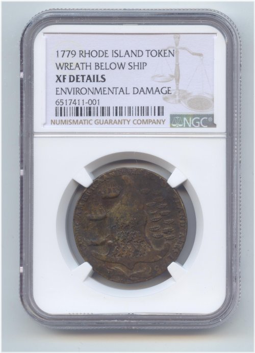 Colonial Brass Ship Token - 1779 Rhode Island Wreath Variant