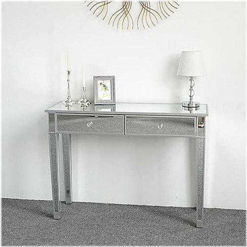 Silver Glass Makeup Desk with Mirrored Drawers and Modern Design