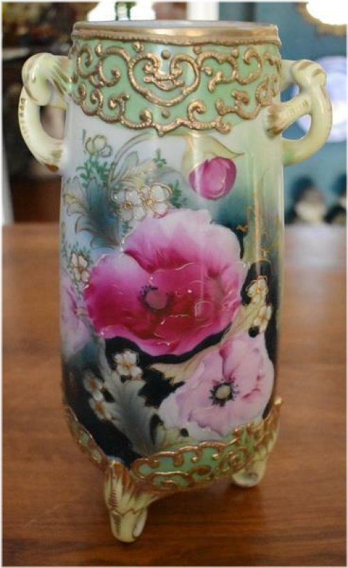 Pink Floral Antique Urn with Double Handles and Three Legs