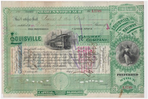 Louisville Railway Railroad Stock Certificate - Pierre S. du Pont Signature
