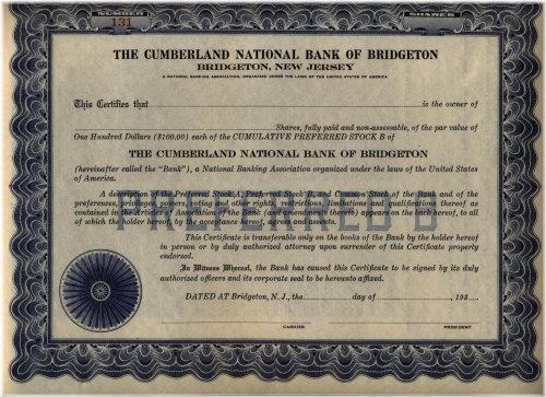 Cumberland National Bank of Bridgeton Stock Certificate - New Jersey Unissued