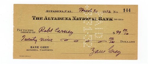 Zane Grey Autographed Check