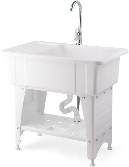 White Freestanding Utility Sink with Faucet and Drainboard