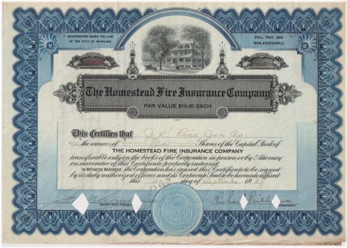 Homestead Fire Insurance Company Stock Certificate - Maryland