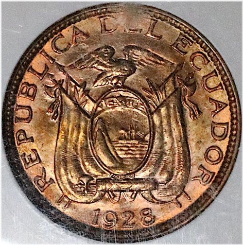 1928 NGC MS 65 RB Ecuador 1 Centavo GEM Mint State BU Coin