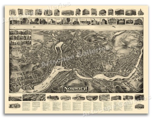 Norwich Connecticut Vintage Bird's Eye View Map