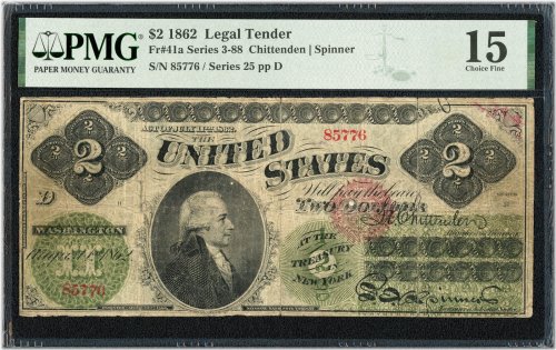 1862 $2 Two Dollar Legal Tender United States Note - PMG Choice Fine F 15