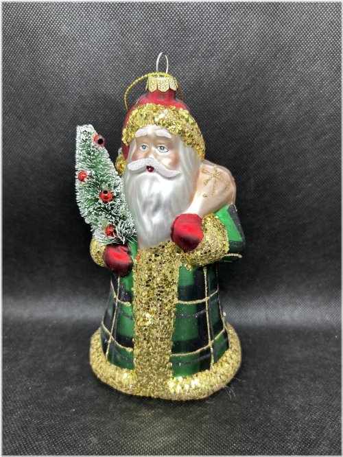 Tartan Plaid Green Glass Santa Christmas Ornament Bottle Brush Tree