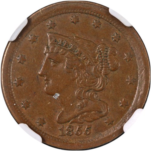 C-1 R.1 Braided Hair Half Cent (1855) NGC AU53 BN