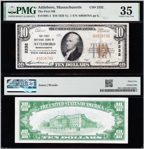 Attleboro 1929 $10 National Note - PMG 35