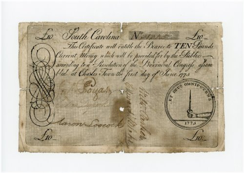 June 1, 1775 South Carolina 10 Pounds Colonial Currency Note