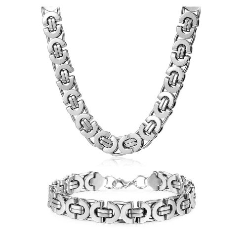 Byzantine Silver Set: Men's Flat Chain Necklace and Bracelet