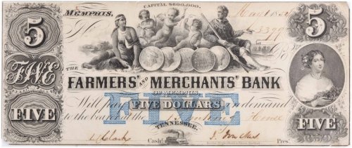 Memphis Blue Farmers and Merchants Bank $5 (1854) TN1090-25 VF Uncertified