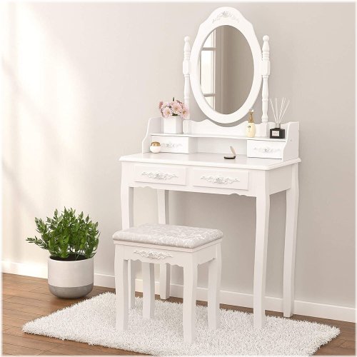 White Wood Dressing Table Set with Mirrors and Drawers