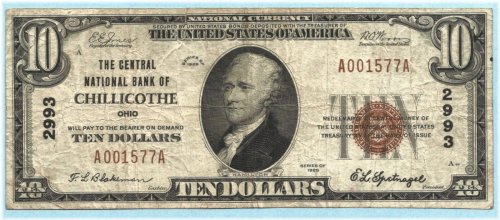 Chillicothe Central National Bank $10 1929 Type 1 Note