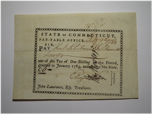 Colonial Currency Note: 1784 Connecticut Pay Table Office - Wales/Rogers