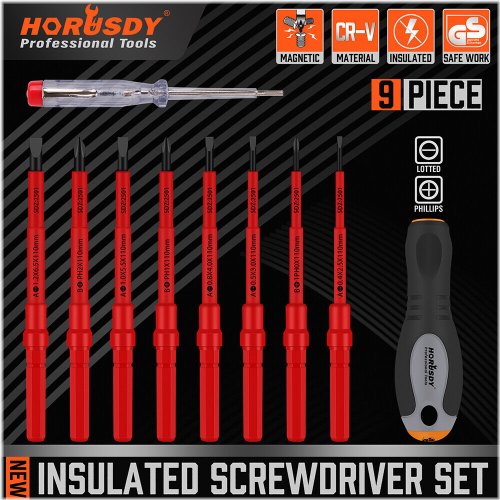 Insulated Magnetic Tip Screwdriver Set - 10 Pieces for Electricians