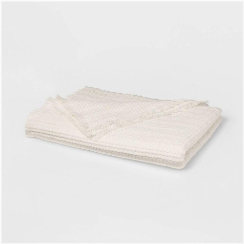 Ivory Waffle Weave Fringed Bed Throw