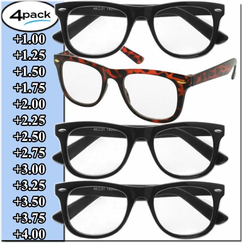 Retro Readers Set of 4 Pairs - Unisex Prescription Glasses in Classic Style for Men and Women