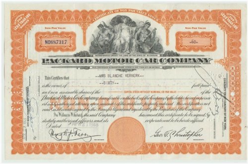 Vintage Packard Motor Car Stock Certificate