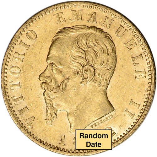 Italian 20 Lire Gold Coin - Vittorio Emanuele II - XF/AU Condition (Random Date)