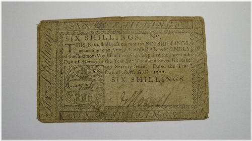 Pennsylvania Colonial Six Shillings Bank Note