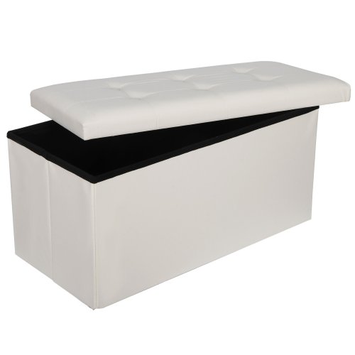 Beige Foldable Storage Ottoman Bench with Padded Seat and Lid