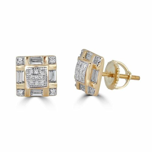 Gold and Silver Square Stud Earrings with CZ Baguette Accents