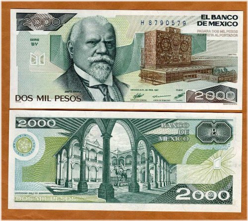 Pristine 1987 Mexican 2,000 Pesos Banknote