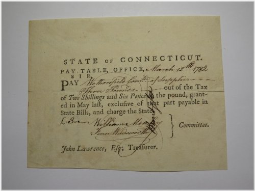 Connecticut Pay Table Office Colonial Currency Note Bill - Wadsworth/Mosley (1782)