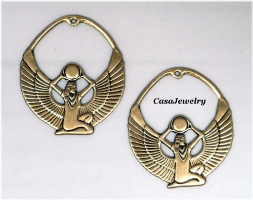 Isis Egyptian Charms - Set of 2 Antiqued Gold Pieces with Top Hang Hole