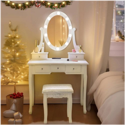 White Wood Dressing Table Set with LED Mirror and Stool