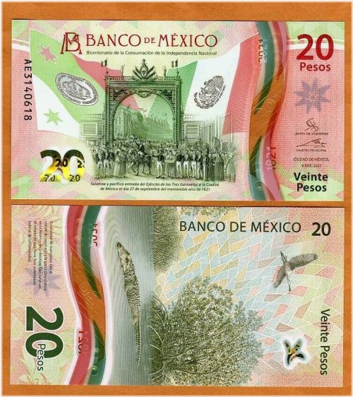 Mexican Independence Commemorative 20 Pesos Polymer Banknote 2021