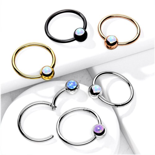 Iridescent Steel Segment Ring with Opal Set Ball for Nose, Septum, Ear, and Cartilage