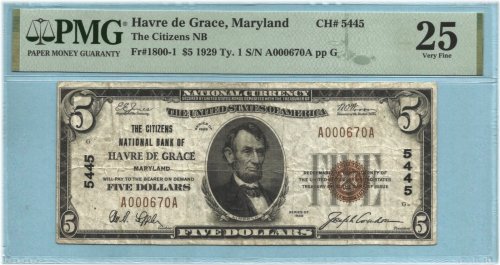 Citizens NB, Havre De Grace, MD - $5 National Currency 1929-T1 (PMG 25)